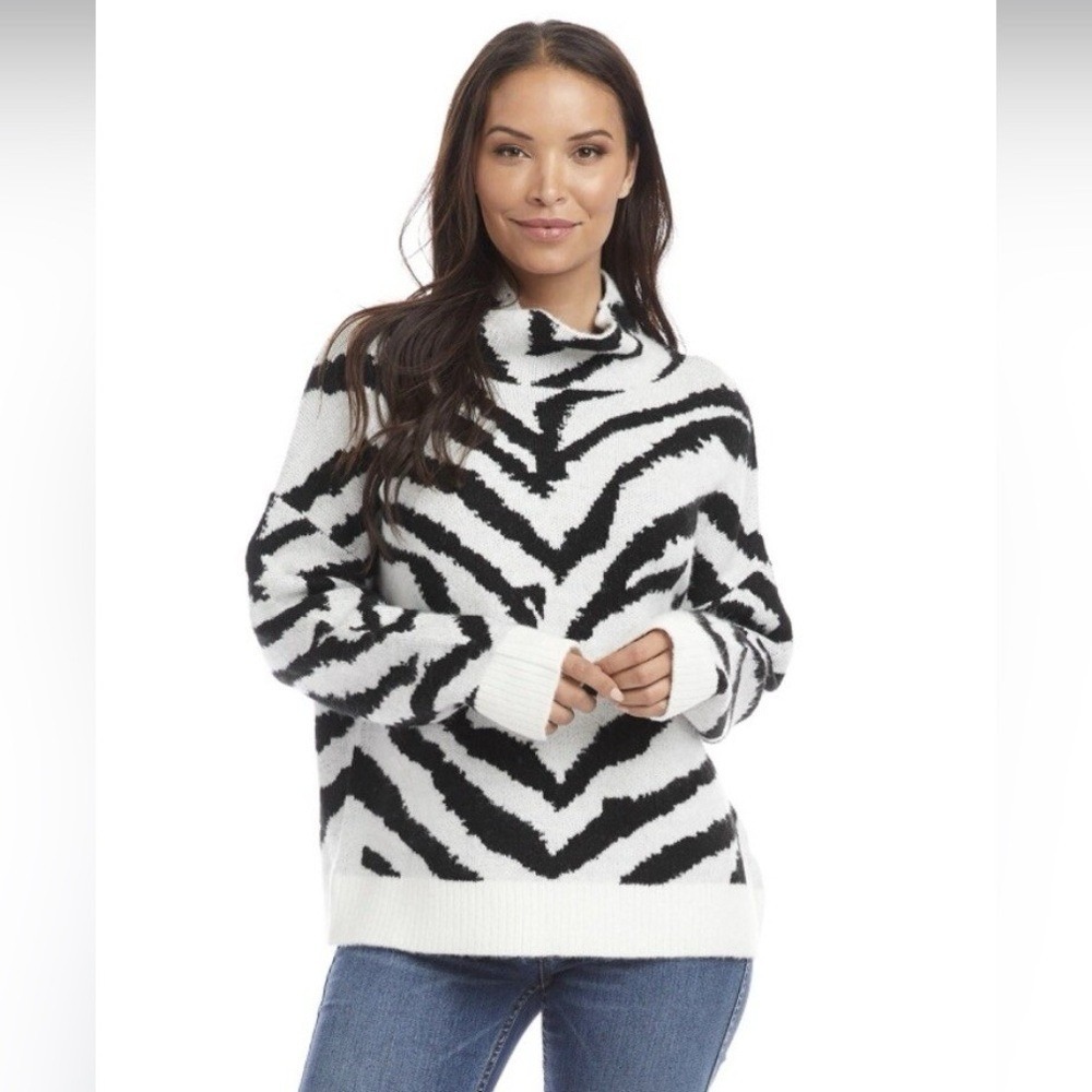 Karen Kane Zebra Print Turtleneck Sweater Black White Knit Size L‎